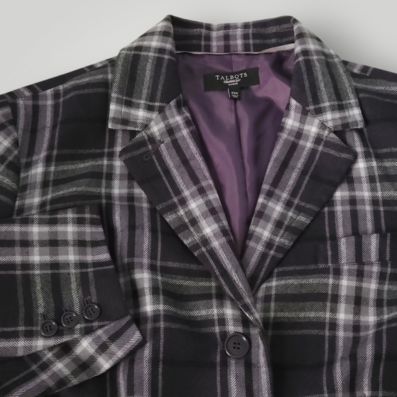 Talbots 22W Purple Plaid Wool Blazer Gray Black Windowpane Plus Size Dark Academ - Picture 2 of 10